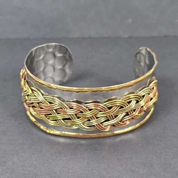 Tricolor Gold Silver Copper Plated Metal Cuff Bracelet Honeycomb‎ Braided Wide - Picture 5 of 10